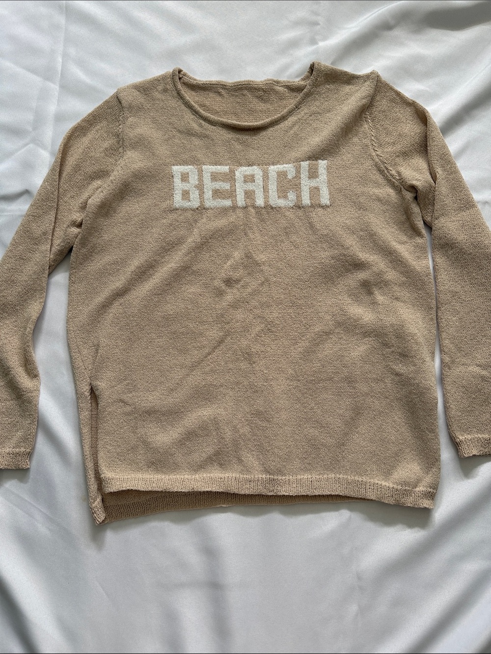 Lightweight Beach Embroidered Knit Pullover in Beige